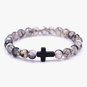 Gray Beaded Bracelet with Black Cross, New in bag